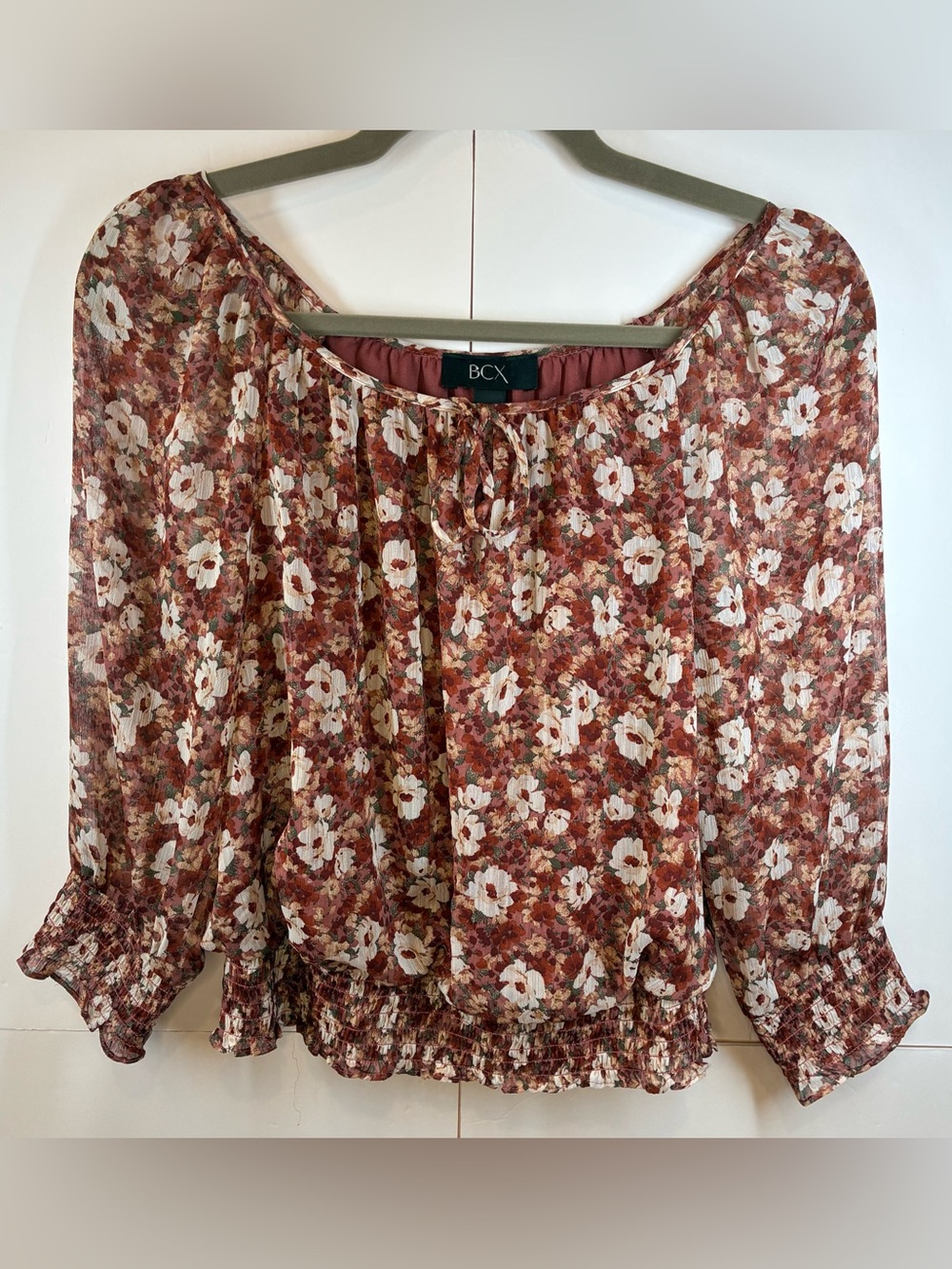 BCX Floral Smocked Peasant Blouse Boho Sheer Long Sleeve Size Small
